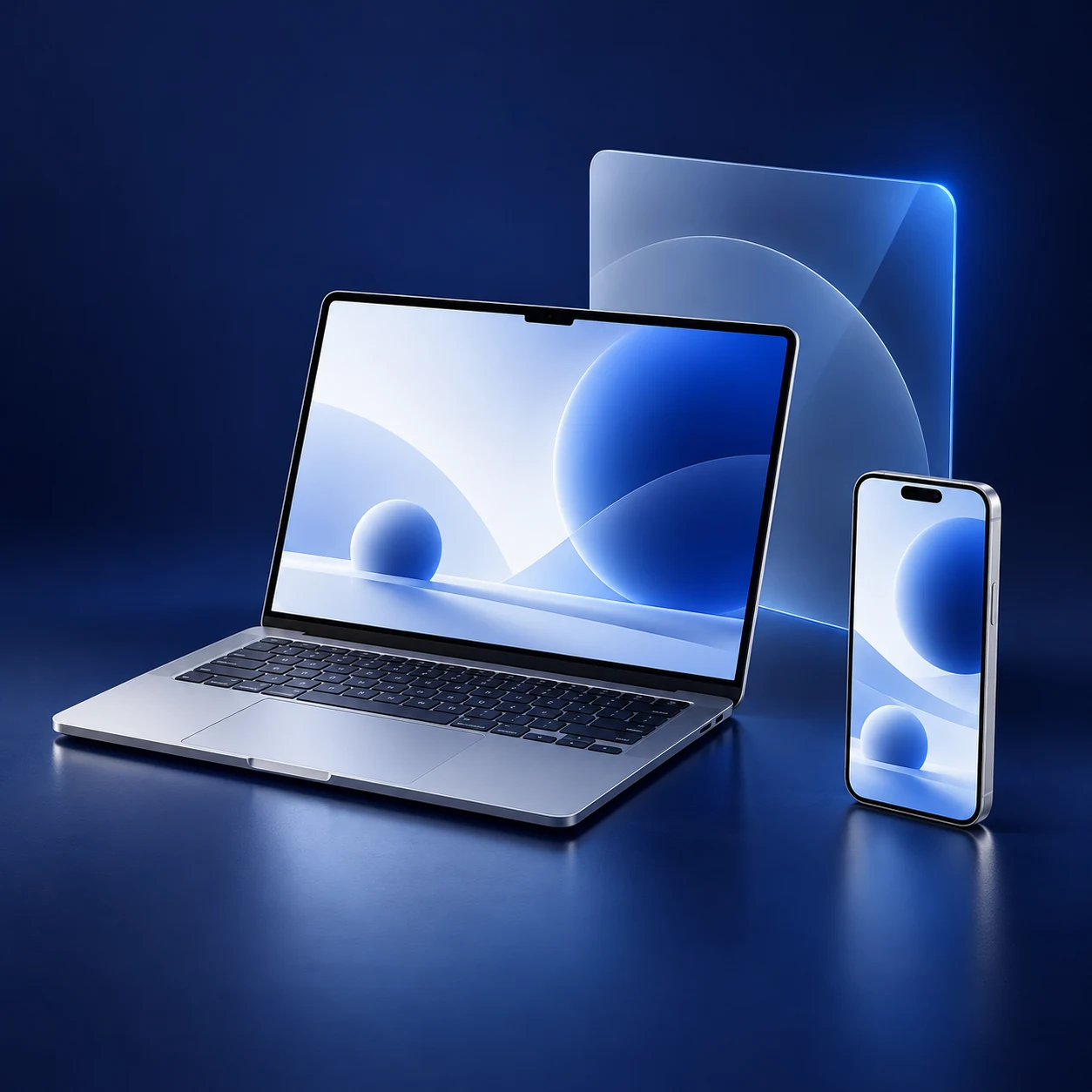 Concept illustration of web and mobile experiences in a blue digital studio