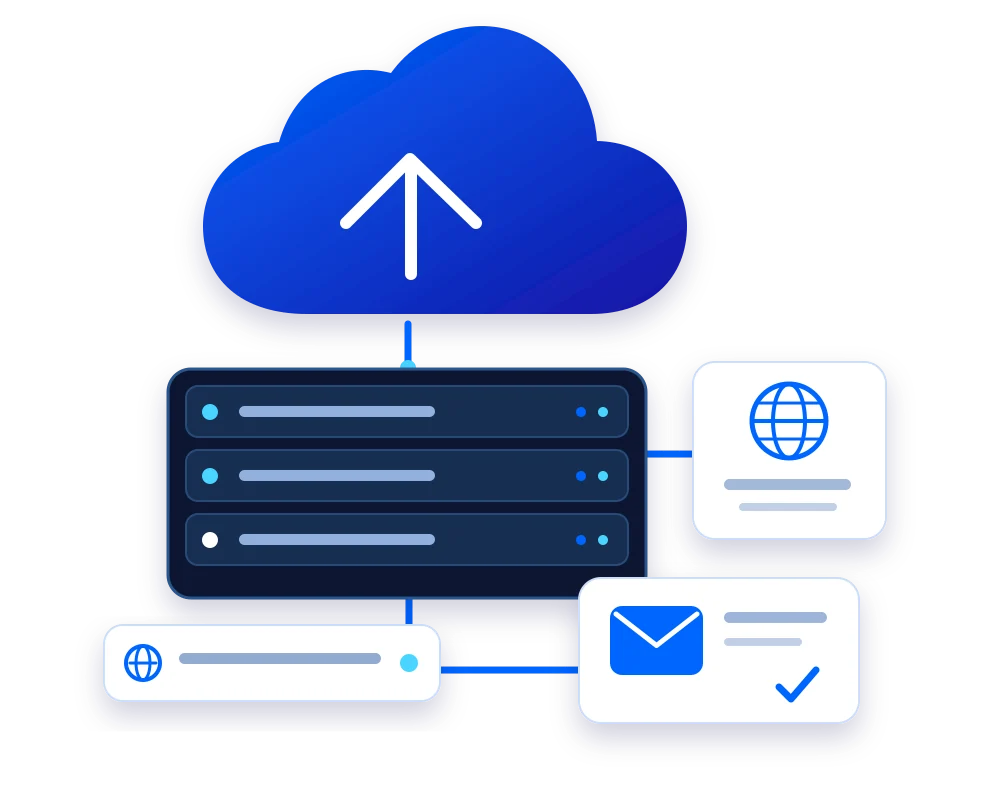 Original illustration of cloud hosting, servers, domains and email for Qodco hosting services
